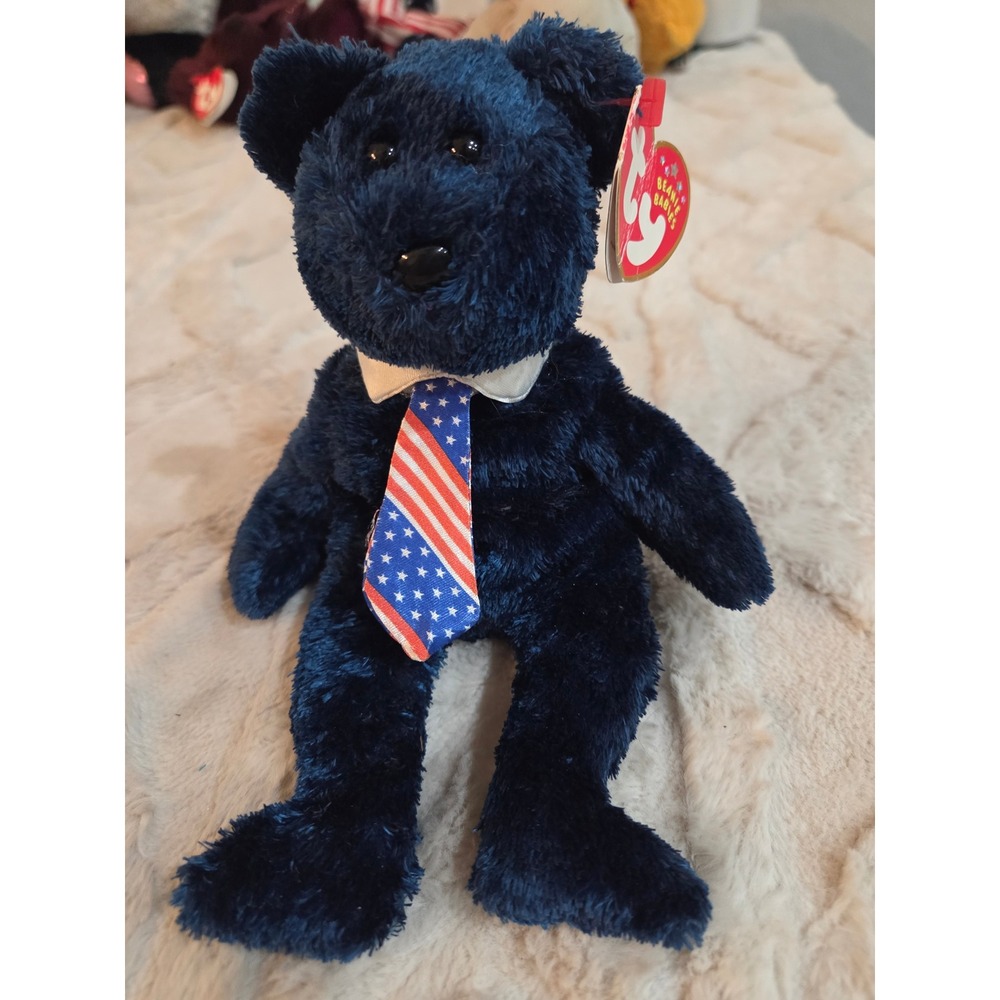 Ty Beanie Babies Pops the Bear Navy Blue Patriotic Tie 2001 Plush Toy With Tags